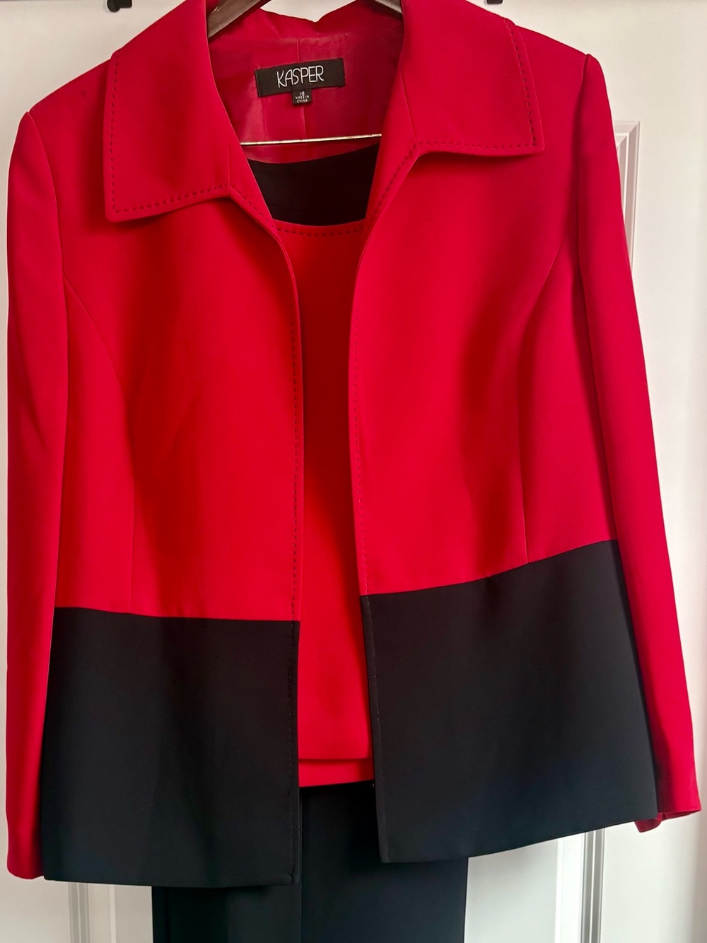 Kasper Red and Black Colorblock Pantsuit Jacket
